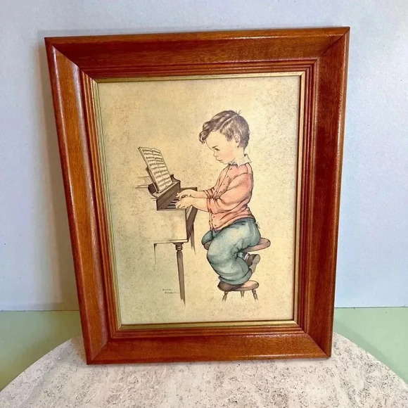 Vintage Daily Ritual by Anne Allaben Boy Playing Piano Framed Artwork 10x13 - Picture 1 of 12